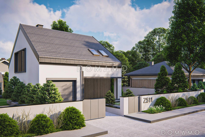 Проект загородного дома с панорамным остеклением гостиной, гаражом, кладовой и мастер-спальней на мансарде Проект загородного дома с панорамным остеклением гостиной, гаражом, кладовой и мастер-спальней на мансарде