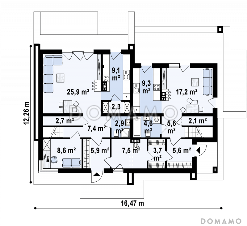 Проект комфортного одноэтажного мансардного дома из кирпича для двух семей / План 1 этажа