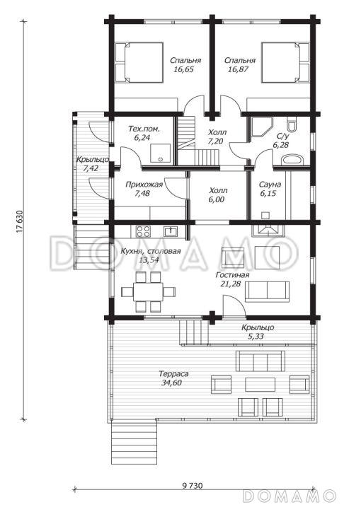 Проект дома из клееного бруса с большой открытой террасой / План 1 этажа