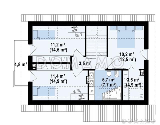 Проект одноэтажного мансардного дома из газобетона с кабинетом, тремя спальнями и хозяйской гардеробной / План мансардного этажа