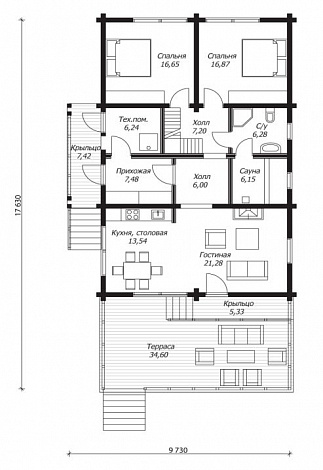 Проект дома из клееного бруса с большой открытой террасой / План 1 этажа