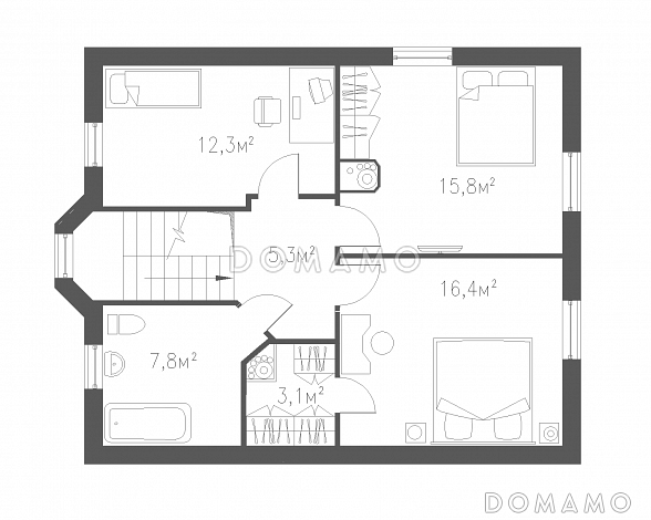 Проект практичного коттеджа в стиле фахверк / План мансардного этажа Проект практичного коттеджа в стиле фахверк / План мансардного этажа