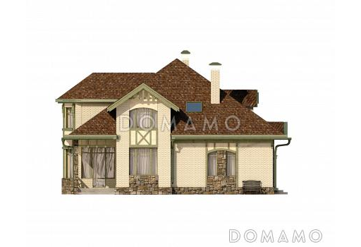 Проект дома с полукруглым эркером, двумя спальнями на первом этаже, вторым светом, ванной с окном, библиотекой / Фасад 4