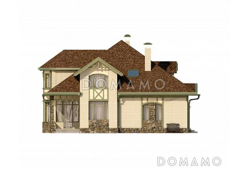 Проект дома с полукруглым эркером, двумя спальнями на первом этаже, вторым светом, ванной с окном, библиотекой / Фасад 4