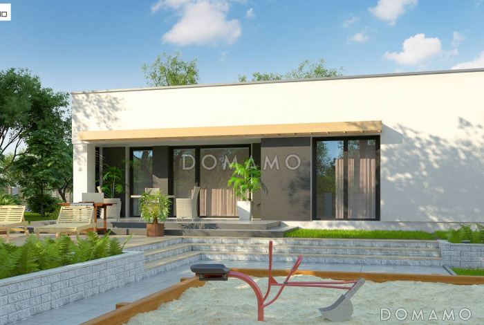 Проект одноэтажного дома с плоской крышей, террасой,  тремя спальнями Проект одноэтажного дома с плоской крышей, террасой,  тремя спальнями