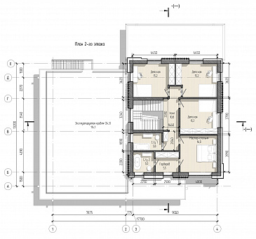 Проект дома с эксплуатируемой кровлей гаража, мастер-спальней, тремя детскими и гостевой / План 2 этажа
