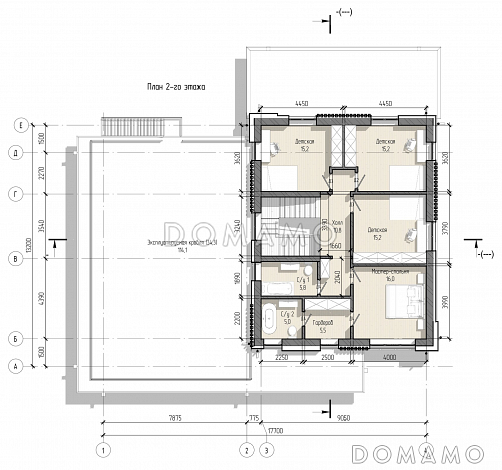 Проект дома с эксплуатируемой кровлей гаража, мастер-спальней, тремя детскими и гостевой / План 2 этажа