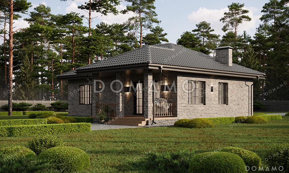 Проект одноэтажного дома с общей вальмовой кровлей над входной группой и террасой и отделкой фасада кирпичом / 3