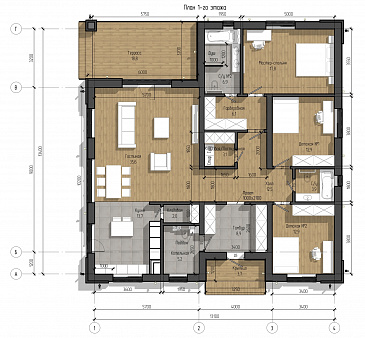Проект дома с мастер-спальней, двумя детскими, кладовой на кухне / План 1 этажа Проект дома с мастер-спальней, двумя детскими, кладовой на кухне / План 1 этажа