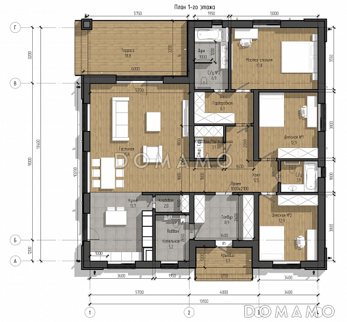 Проект дома с мастер-спальней, двумя детскими, кладовой на кухне / План 1 этажа Проект дома с мастер-спальней, двумя детскими, кладовой на кухне / План 1 этажа