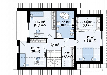 Проект одноэтажного мансардного дома из газобетона с большой гостиной, гаражом и частично крытой террасой / План мансардного этажа Проект одноэтажного мансардного дома из газобетона с большой гостиной, гаражом и частично крытой террасой / План мансардного этажа