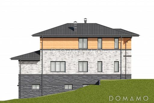 Проект дома с гаражом на 2 машины и навесом, сауной, террасой, кабинетом, детской / Фасад 1