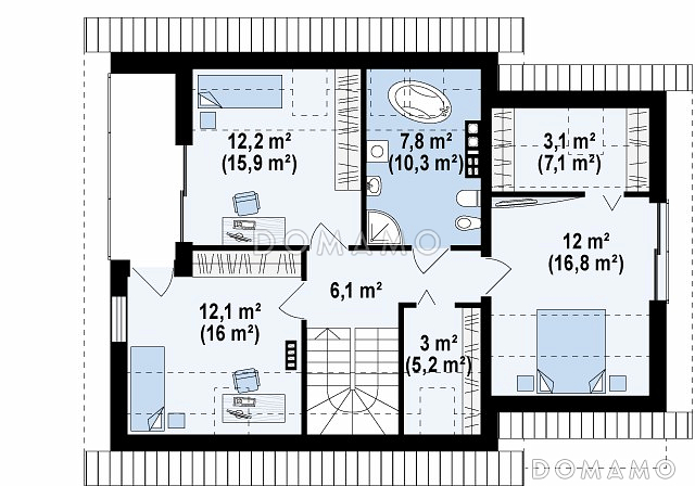Проект одноэтажного мансардного дома из газобетона с большой гостиной, гаражом и частично крытой террасой / План мансардного этажа Проект одноэтажного мансардного дома из газобетона с большой гостиной, гаражом и частично крытой террасой / План мансардного этажа