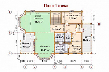 Проект дома из клееного бруса с мансардными окнами / План 1 этажа Проект дома из клееного бруса с мансардными окнами / План 1 этажа