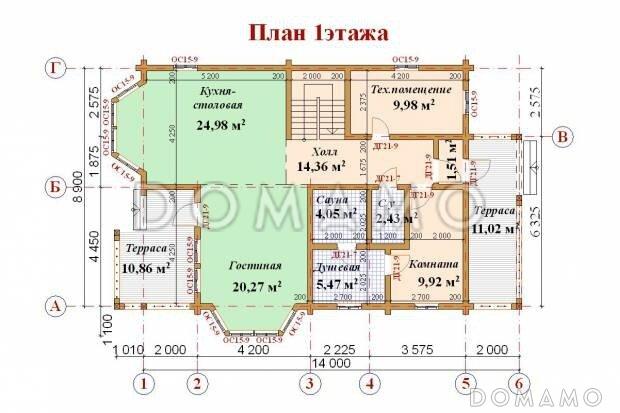 Проект дома из клееного бруса с мансардными окнами / План 1 этажа