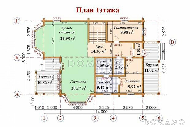 Проект дома из клееного бруса с мансардными окнами / План 1 этажа Проект дома из клееного бруса с мансардными окнами / План 1 этажа