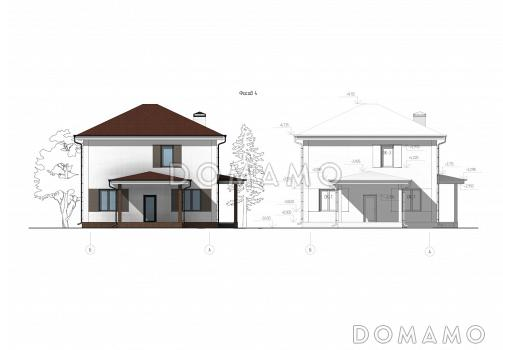 Проект двухэтажного дома с тремя спальнями, кабинетом, гостной-кухней-столовой и котельной / Фасад 4