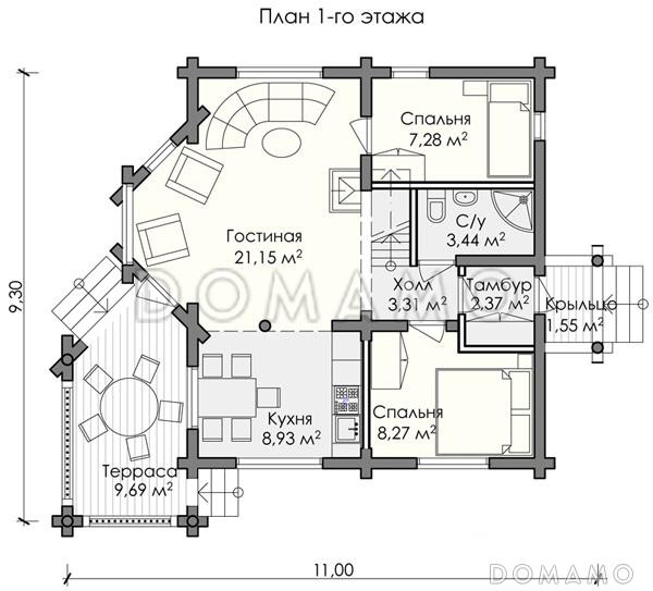 Проект маленького уютного домика, предназначенный как для постоянного проживания так и для отдыха / План 1 этажа