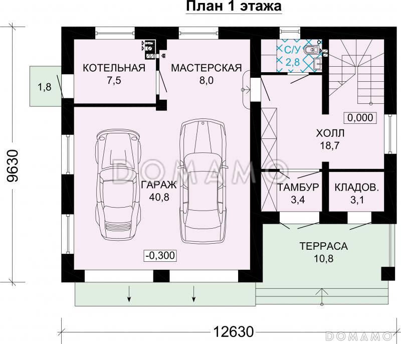 Проект гостевого дома с двойным гаражом / План 1 этажа