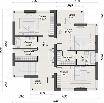 Проект двухэтажного кирпичного дома с двумя балконами на втором этаже / План 2 этажа Проект двухэтажного кирпичного дома с двумя балконами на втором этаже / План 2 этажа