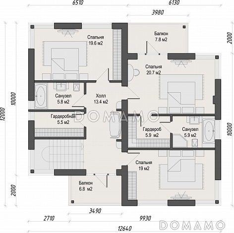 Проект двухэтажного кирпичного дома с двумя балконами на втором этаже / План 2 этажа Проект двухэтажного кирпичного дома с двумя балконами на втором этаже / План 2 этажа