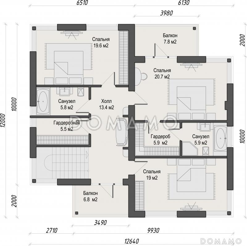 Проект двухэтажного кирпичного дома с двумя балконами на втором этаже / План 2 этажа