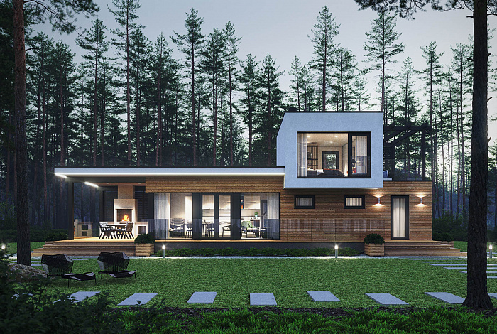 Проект дома с одной спальней на втором этаже, парной, душевой и крытой террасой с барбекю