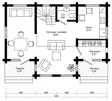 Проект компактного дома из клееного бруса / План 1 этажа