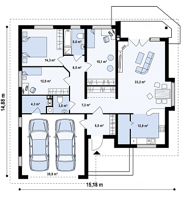 Проект одноэтажного дома с эркером и гаражом из кирпича со свободной планировкой мансардного этажа / План 1 этажа Проект одноэтажного дома с эркером и гаражом из кирпича со свободной планировкой мансардного этажа / План 1 этажа