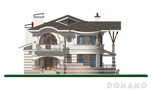 Проект коттеджа с двусветной гостиной и бассейном с сауной / Фасад 1