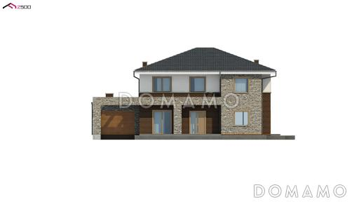 Проект двухэтажного дома с подвалом, гаражом, двумя спальнями на первом этаже, мастер-спальней на втором этаже / Фасад 1