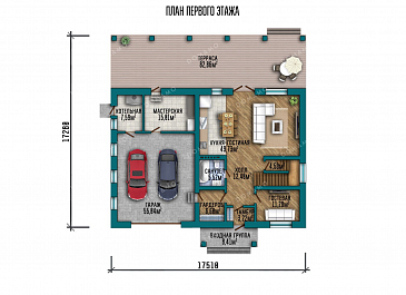 Проект двухэтажного дома с большой террасой и гаражом / План 1 этажа Проект двухэтажного дома с большой террасой и гаражом / План 1 этажа