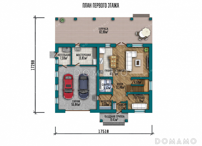 Проект двухэтажного дома с большой террасой и гаражом / План 1 этажа Проект двухэтажного дома с большой террасой и гаражом / План 1 этажа