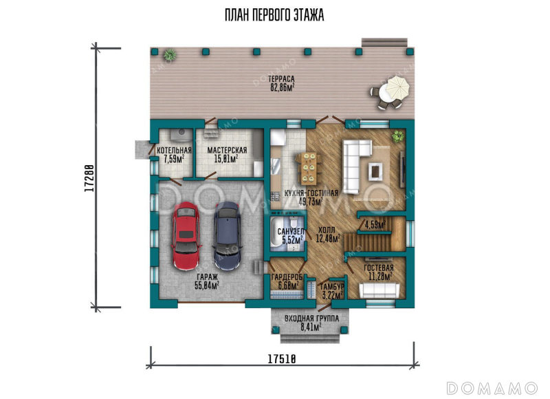 Проект двухэтажного дома с большой террасой и гаражом / План 1 этажа
