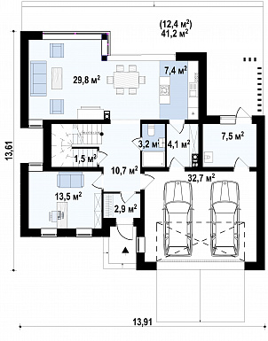 Проект современного двухэтажного дома из кирпича с плоской крышей,  с четырьмя спальнями, кабинетом и гаражом / План 1 этажа Проект современного двухэтажного дома из кирпича с плоской крышей,  с четырьмя спальнями, кабинетом и гаражом / План 1 этажа