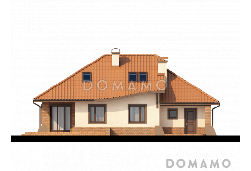 Проект просторного одноэтажного мансардного дома из газобетона с кабинетом, гаражом и комнатой над ним / Фасад 2