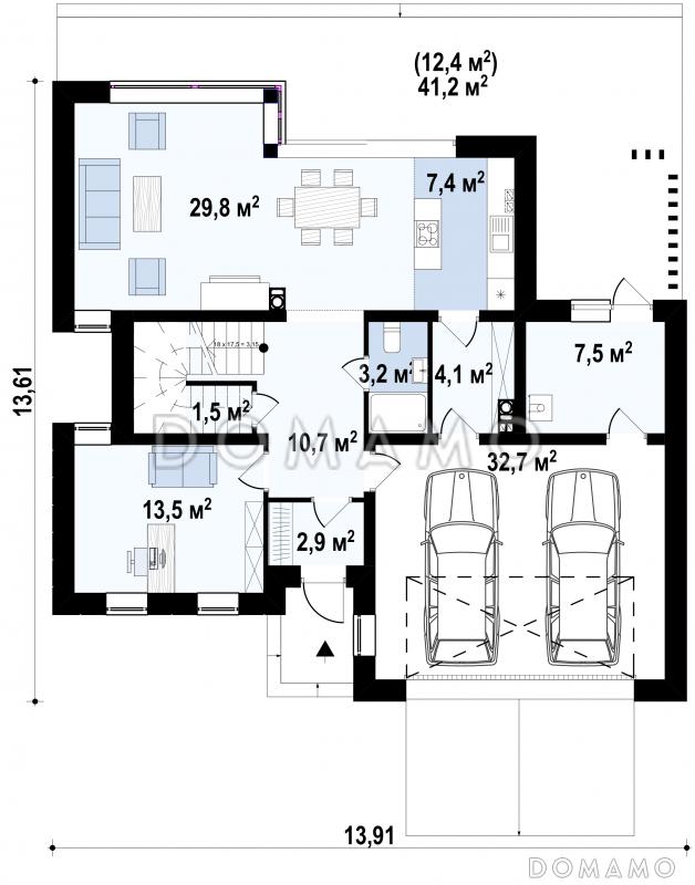 Проект современного двухэтажного дома из кирпича с плоской крышей,  с четырьмя спальнями, кабинетом и гаражом / План 1 этажа
