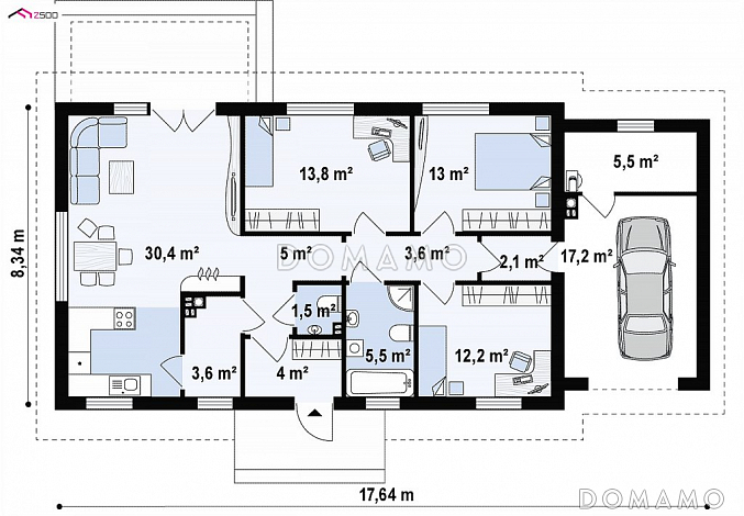 Проект классического одноэтажного дома из газобетона с тремя спальнями, светлой гостиной и гаражом / План 1 этажа