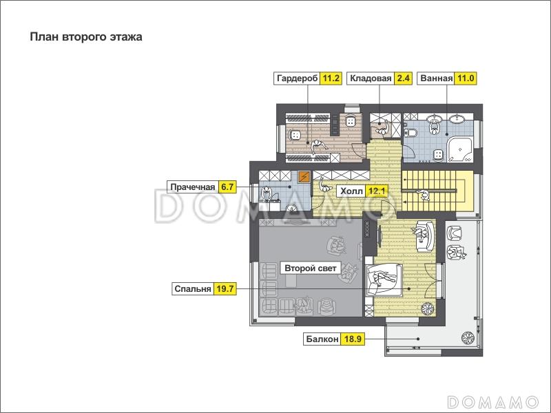 Проект дома с навесом и гаражом для машин, крытой террасой, котельной с отдельным входом с улицы, большой кухней и гостиной, вторым светом / План мансардного этажа