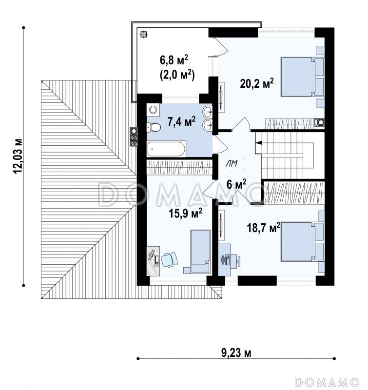 Проект двухэтажного дома с большим санузлом на первом этаже, кабинетом, гаражом на один автомобиль, балконом / План 2 этажа