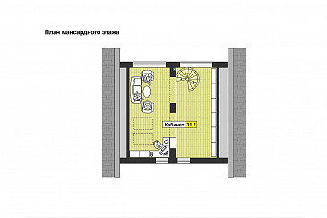 Проект дома с панорамными окнами, просторной гостиной и кухней-столовой, сауной, кабинетом на мансардном этаже, балконом и лоджией / План мансардного этажа