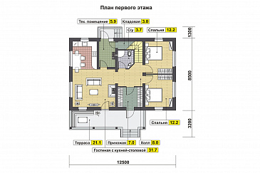 Проект дома с террасой, двумя спальнями на первом этаже, гостиной с кухней-столовой / План 1 этажа Проект дома с террасой, двумя спальнями на первом этаже, гостиной с кухней-столовой / План 1 этажа