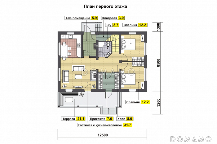 Проект дома с террасой, двумя спальнями на первом этаже, гостиной с кухней-столовой / План 1 этажа Проект дома с террасой, двумя спальнями на первом этаже, гостиной с кухней-столовой / План 1 этажа