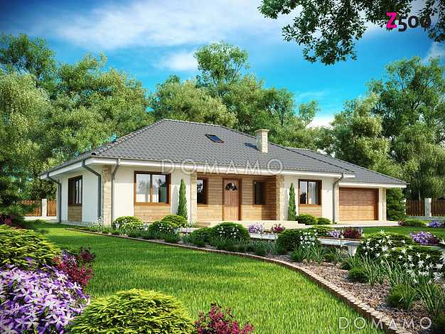 Проект одноэтажного дома из кирпича с тремя спальнями и гаражом на два автомобиля, с возможностью обустройства мансарды