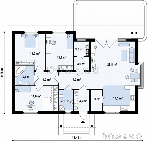 Проект одноэтажного дома из кирпича с тремя спальнями и возможностью обустройства мансарды / План 1 этажа