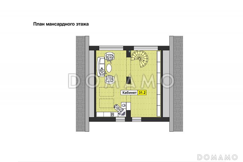 Проект дома с панорамными окнами, просторной гостиной и кухней-столовой, сауной, кабинетом на мансардном этаже, балконом и лоджией / План мансардного этажа