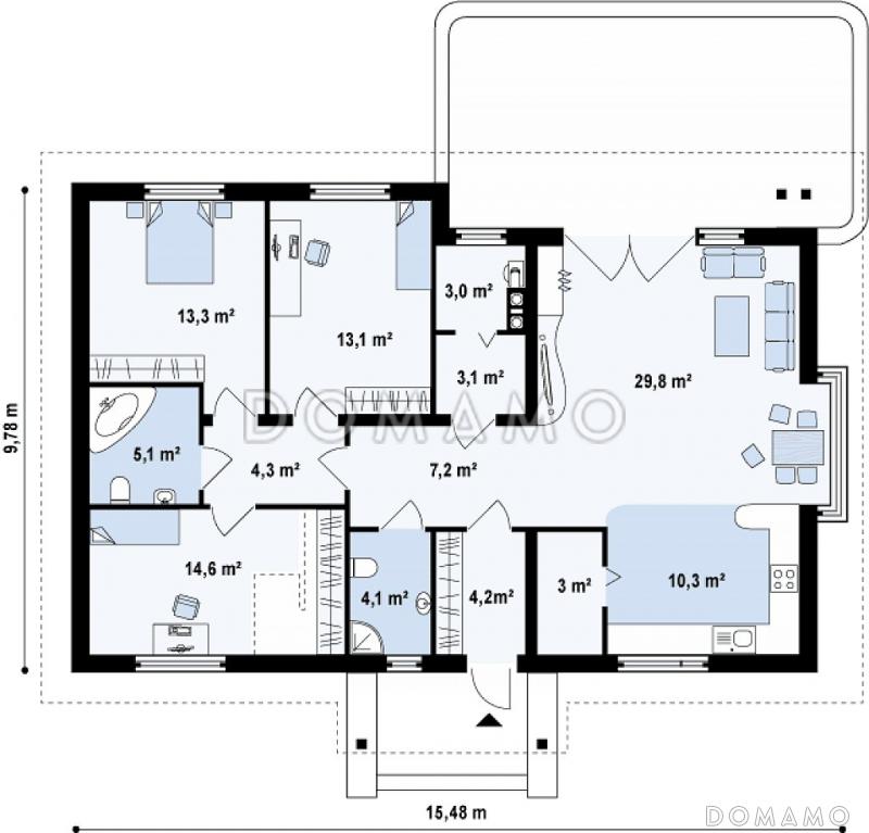 Проект одноэтажного дома из кирпича с тремя спальнями и возможностью обустройства мансарды / План 1 этажа