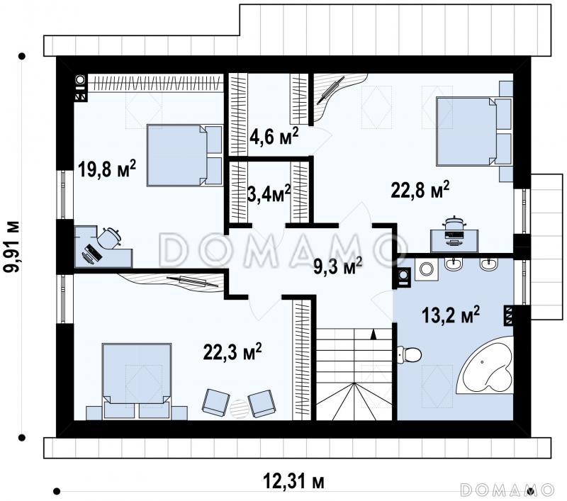 Проект мансардного дома из газобетона с кабинетом, тремя спальнями и гаражом  / План мансардного этажа