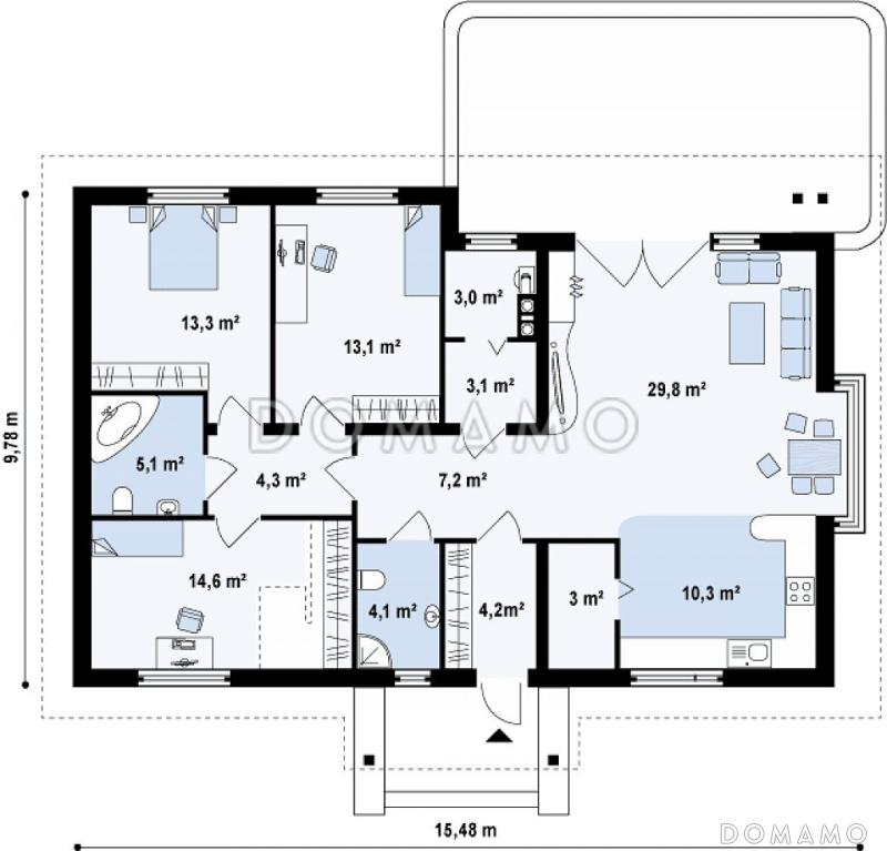 Проект одноэтажного дома из кирпича с тремя спальнями и возможностью обустройства мансарды / План 1 этажа