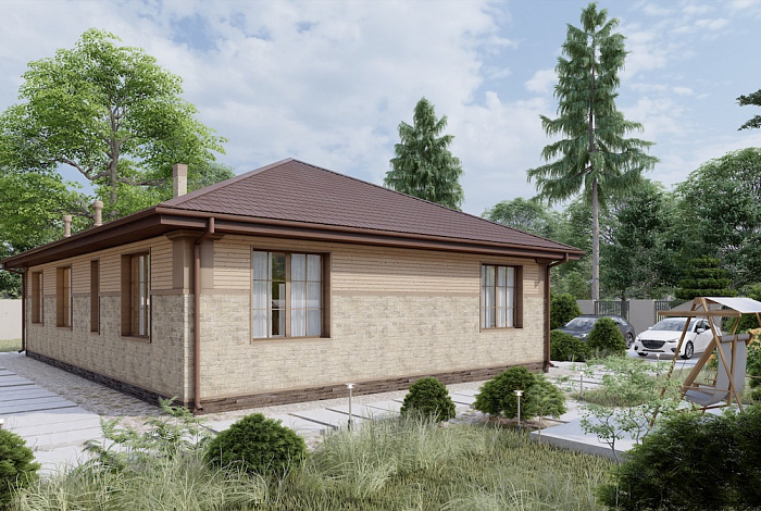 Проект уютного дома с мастер-спальней, большой гостиной и просторной гардеробной